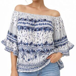 Unique Spectrum Peasant Blouse 1X White Blue Boho Off Shoulder Floral Rayon Top
